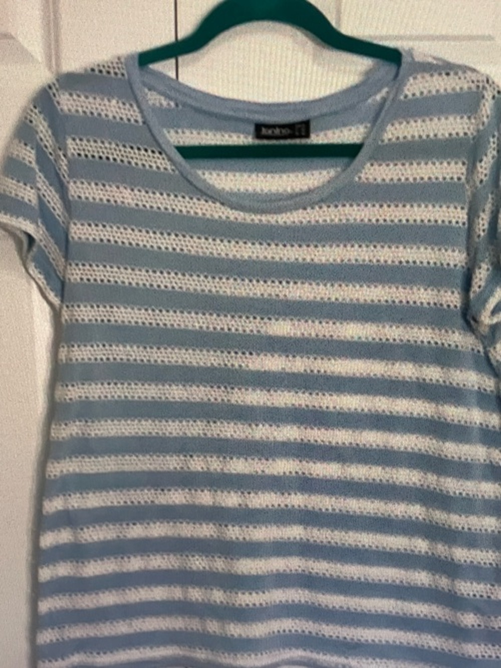 Light Blue & White Striped Open-Knit Short Sleeve Tee